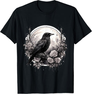Raven Full Moon Gothic Witchy Crow Roses Mystical T-Shirt - T-Shirt | Black