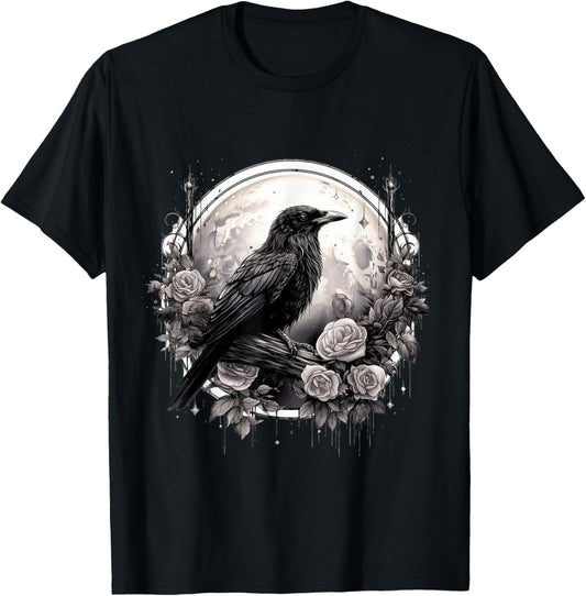 Raven Full Moon Gothic Witchy Crow Roses Mystical T-Shirt - T-Shirt | Black