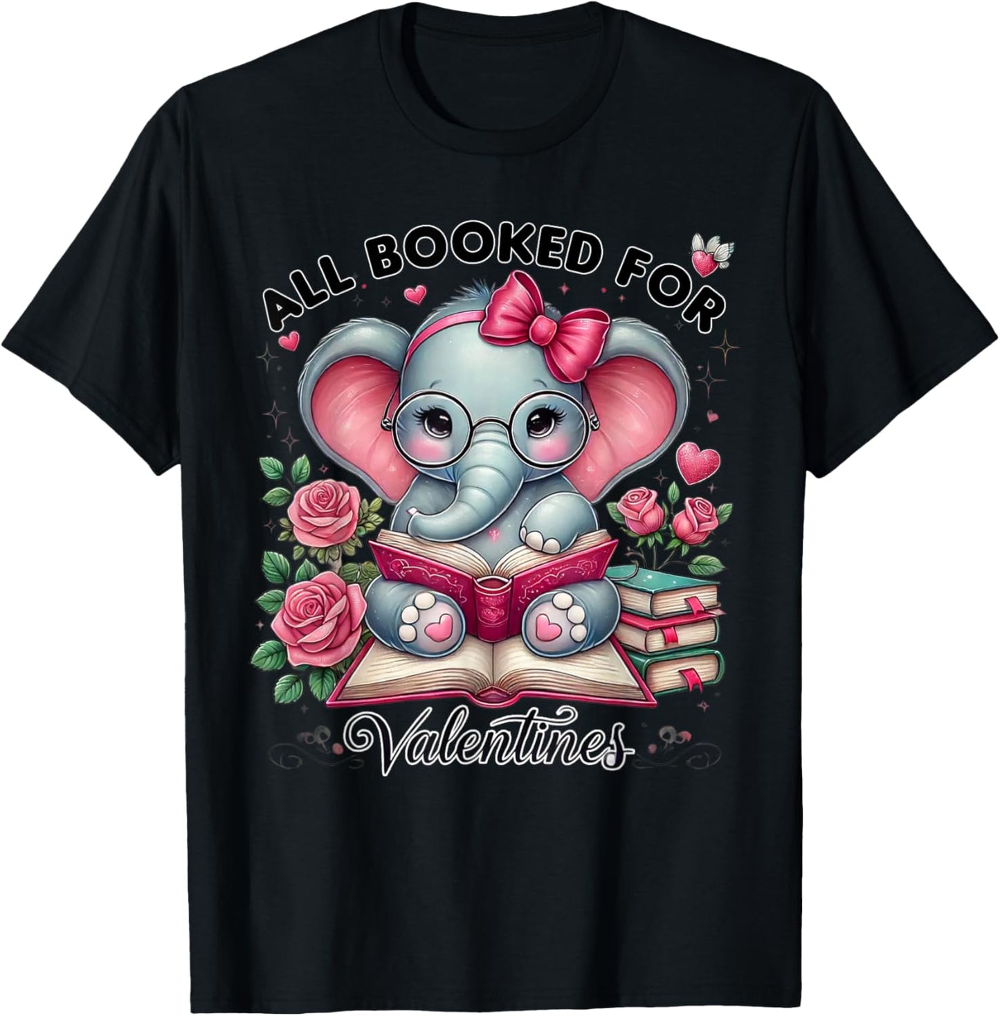 All Booked for Valentines Elephant with Glasses T-Shirt - T-Shirt | Black