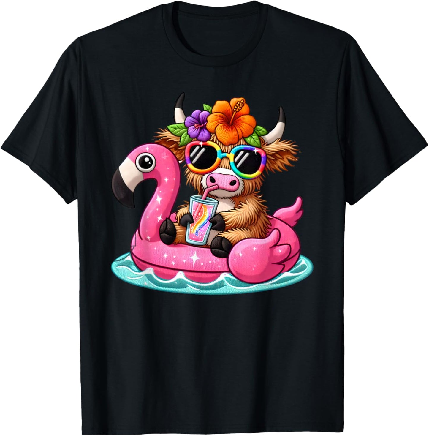 Highland Cow Flamingo Pool Float Summer Hawaii Beach Family T-Shirt - T-Shirt | Black