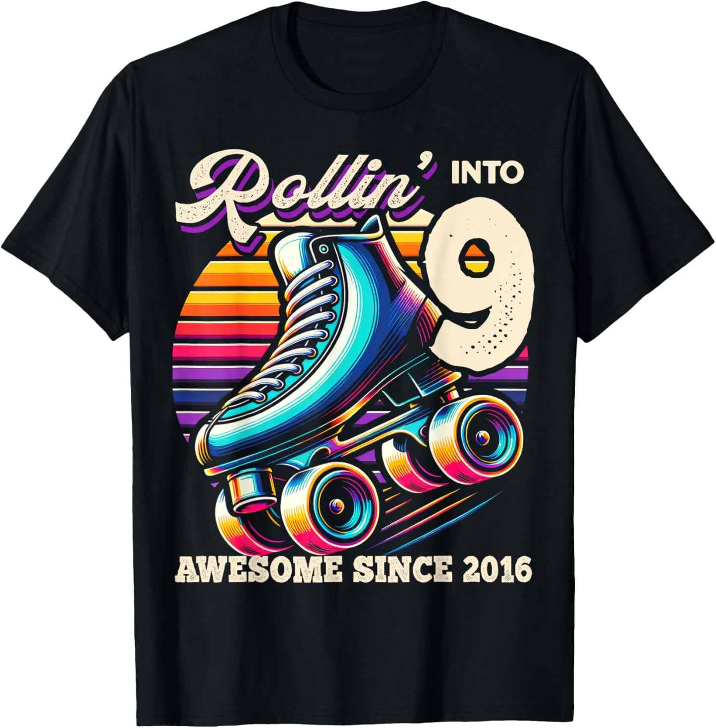 Birthday Roller Skating 9th Girls Rollin into 9 Skate Party T-Shirt - T-Shirt | Black