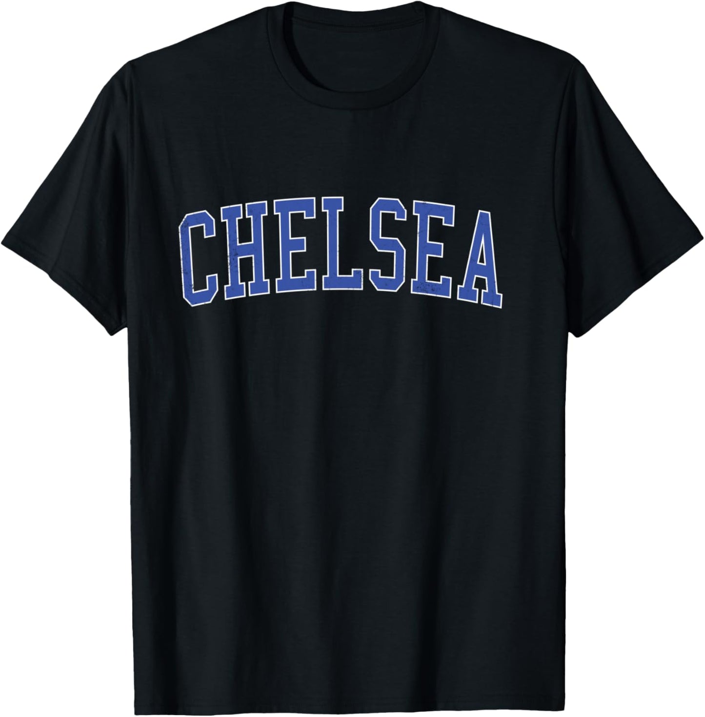 Vintage Chelsea MA Distressed Blue Varsity Style T-Shirt - T-Shirt | Black