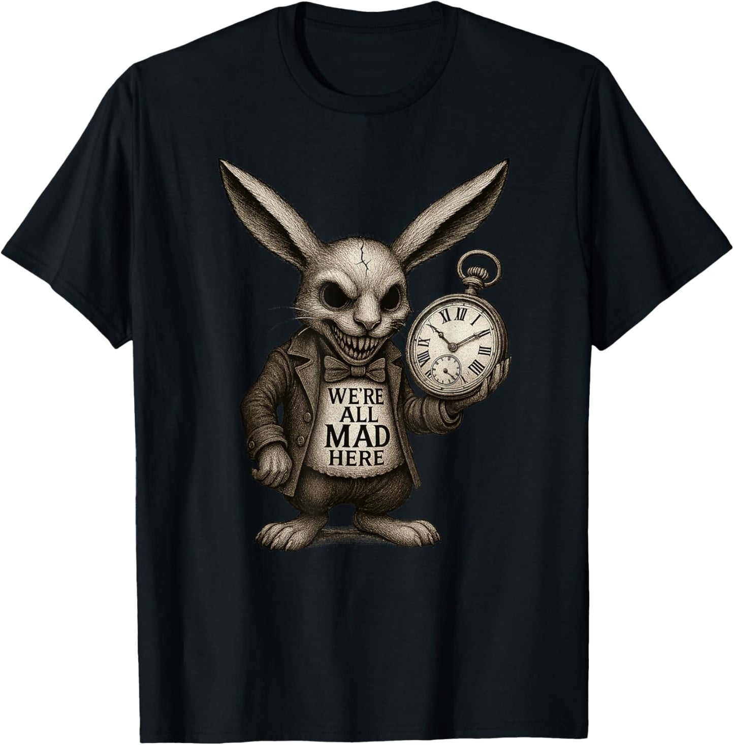 Alice in Wonderland - We're All Mad Here Rabbit Hatter Quote T-Shirt - T-Shirt | Black