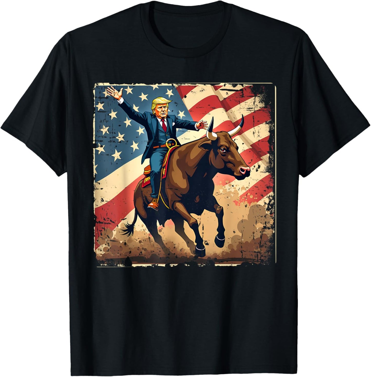 Trump Bull Rider American Flag USA Riding Rodeo Cowboy T-Shirt - T-Shirt | Black