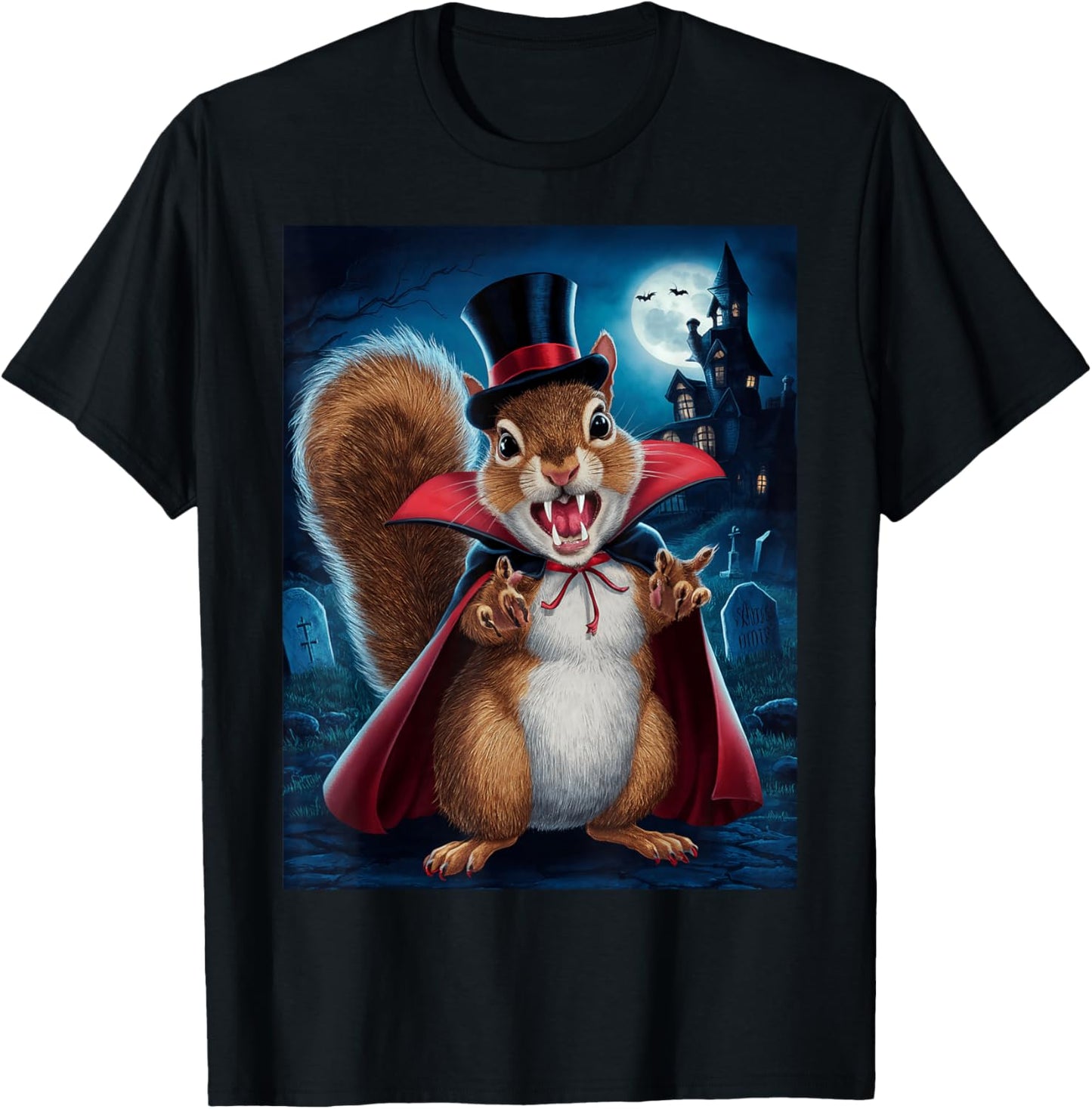 Vampire Squirrel Cartoon In Graveyard For Halloween T-Shirt - T-Shirt | Black