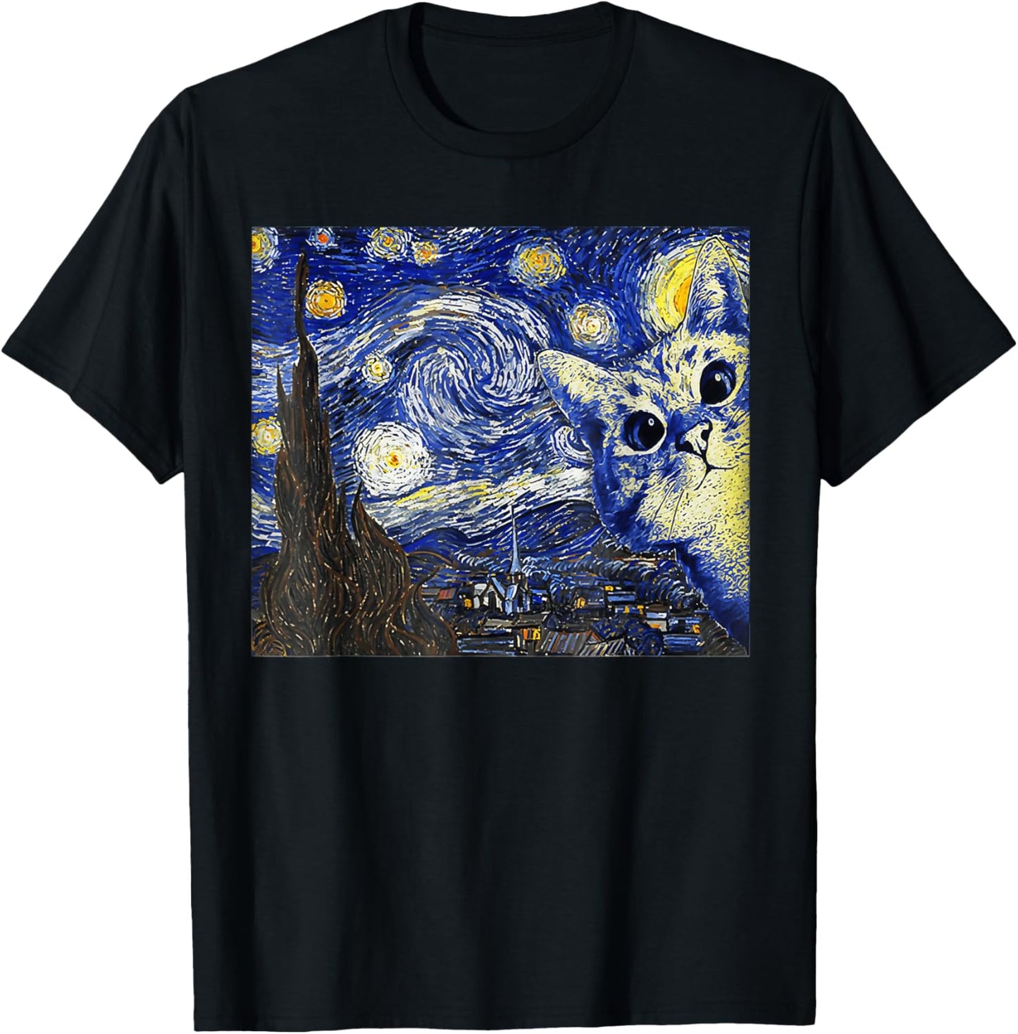 Cat , Starry Night Cat, Cat Shirt, Van Gogh Cat T-Shirt - T-Shirt | Black