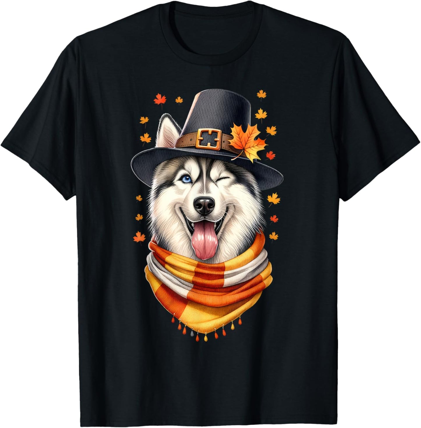 Siberian Husky Pilgrim Thanksgiving Gifts Women Men Girl Boy T-Shirt - T-Shirt | Black