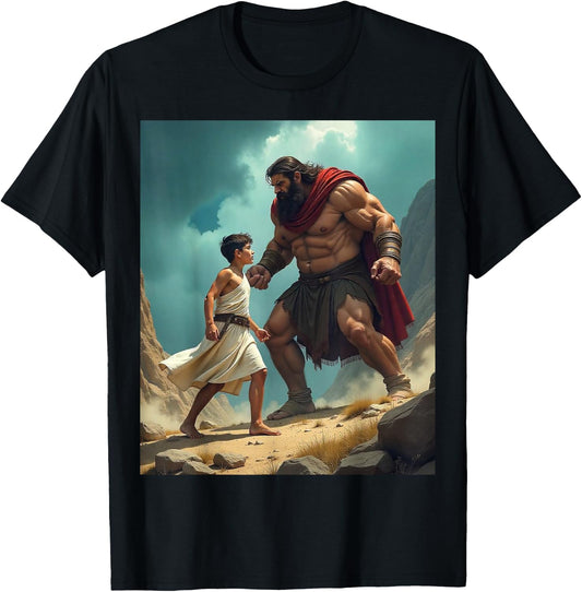 David and Goliath Bible Book of Samuel King David Painting T-Shirt - T-Shirt | Black