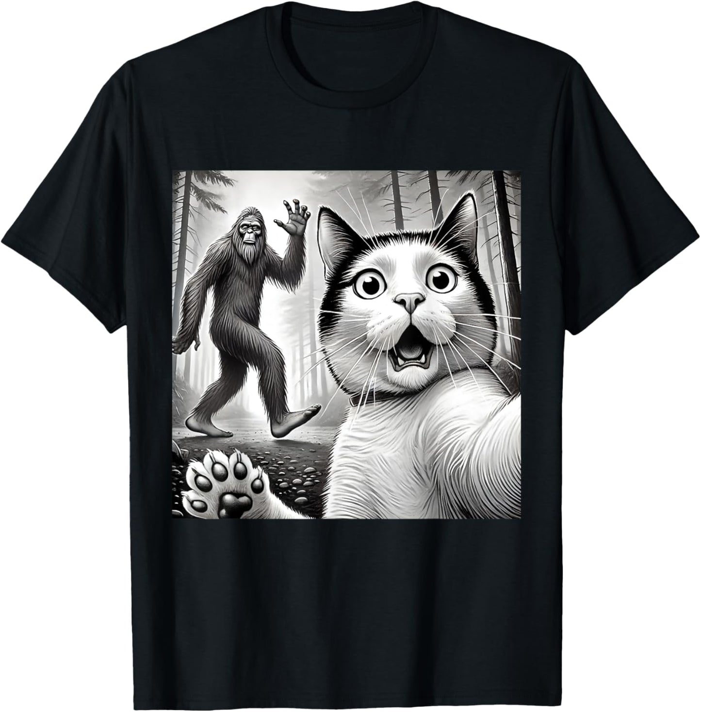 Funny Surprised Scared Cat Taking Selfie with Bigfoot Women Kids T-Shirt - T-Shirt | Black