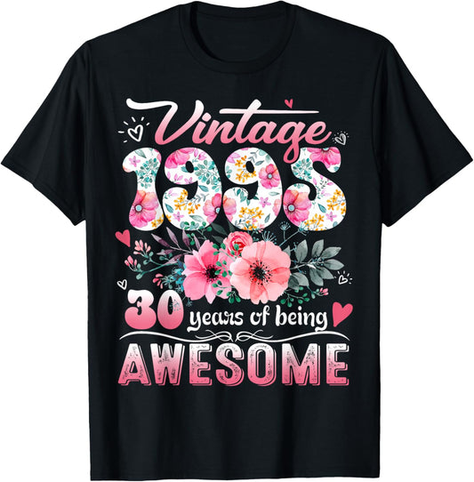 Vintage 1995 Floral 30 Years Old 30th Birthday Party Costume T-Shirt - T-Shirt | Black