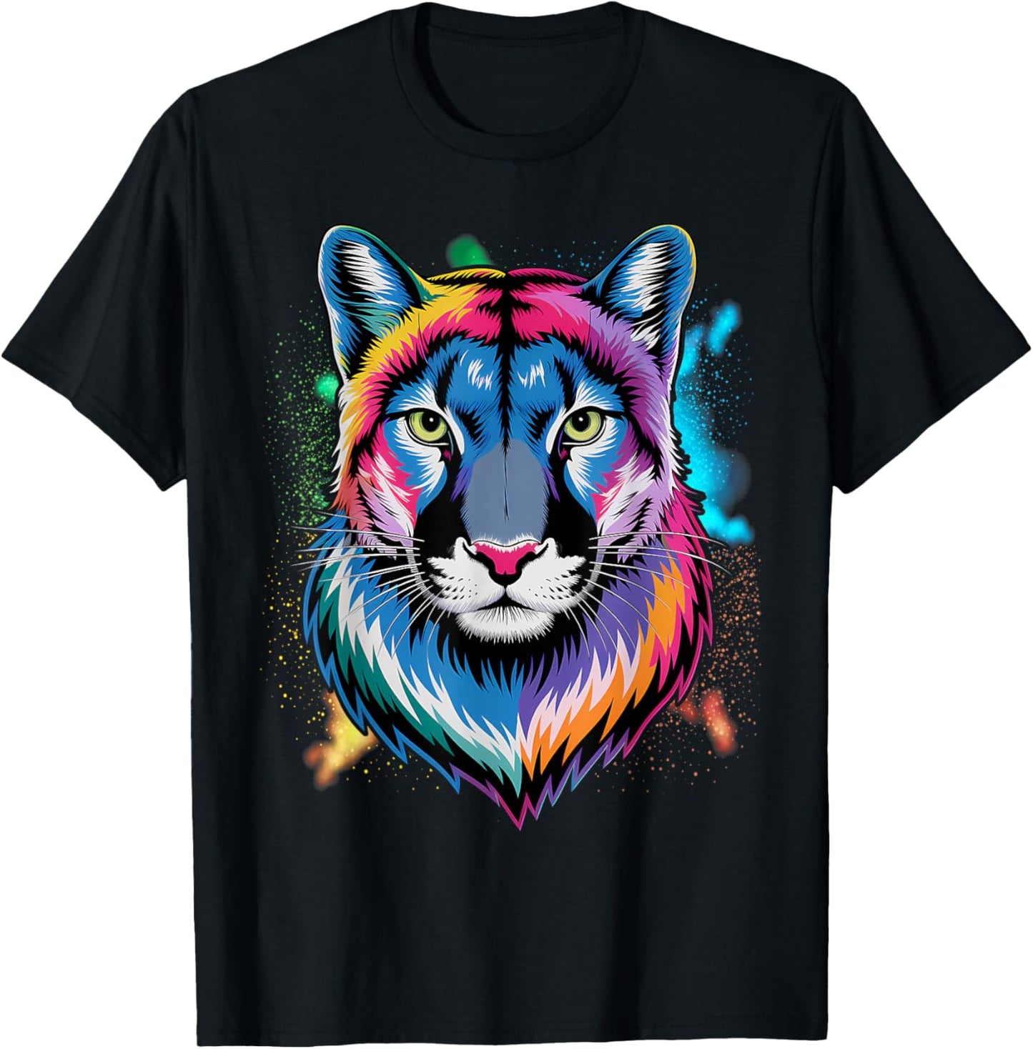Puma Cougar Head Colorful Art Animals Watercolor Painting T-Shirt - T-Shirt | Black