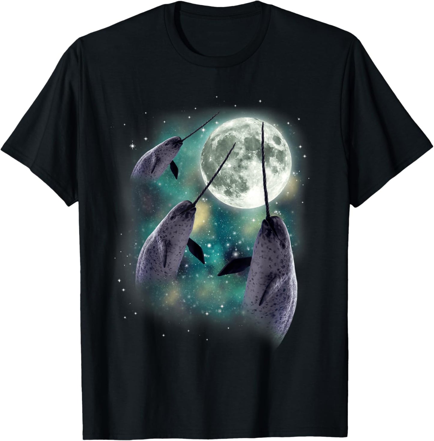 Three Narwhal Moon Arctic Sea 3 Whales Howling Parody T-Shirt - T-Shirt | Black
