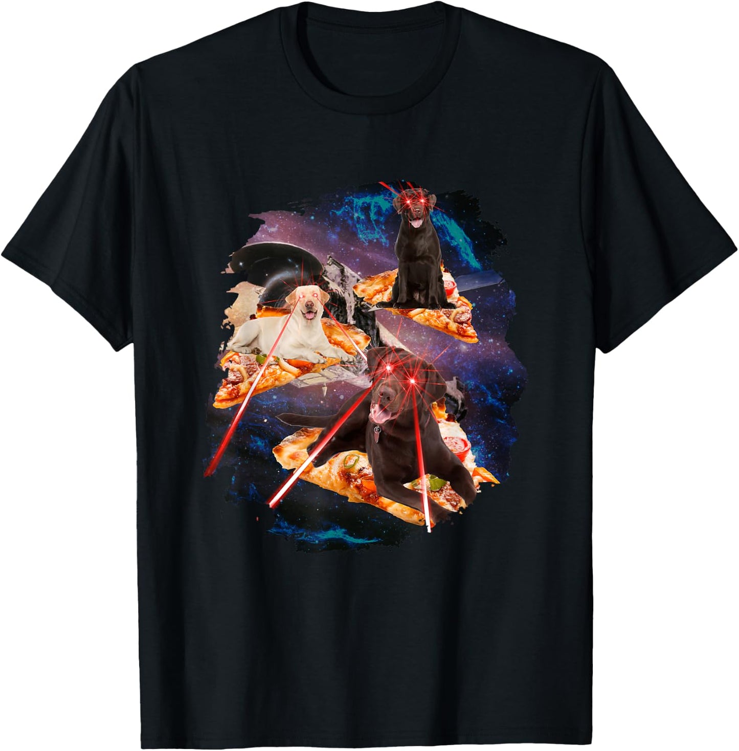 Dogs with Laser Eyes I Dog Puppy Laser Space Pizza T-Shirt - T-Shirt | Black