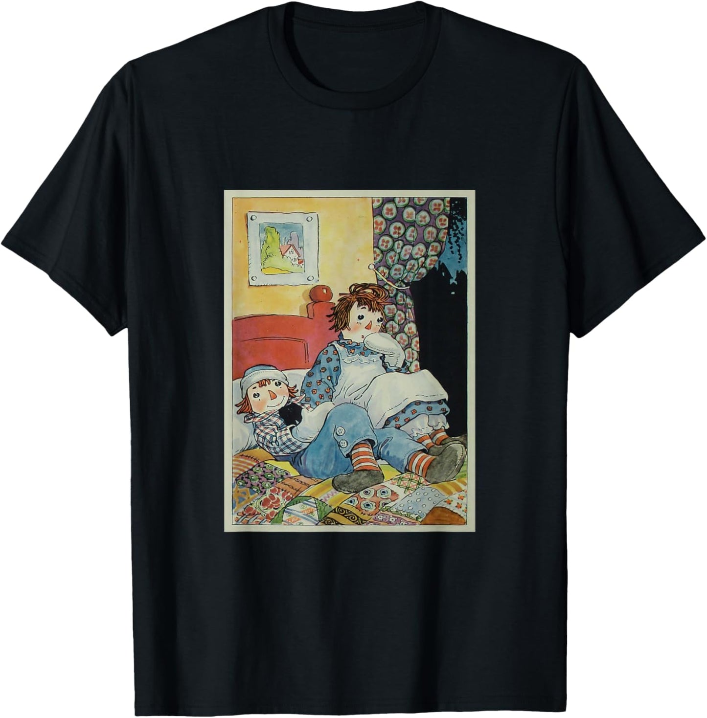 Children's Rag Doll Story Raggedy Ann & Andy on a Bed (1924) , Small, Black T-Shirt - T-Shirt | Black