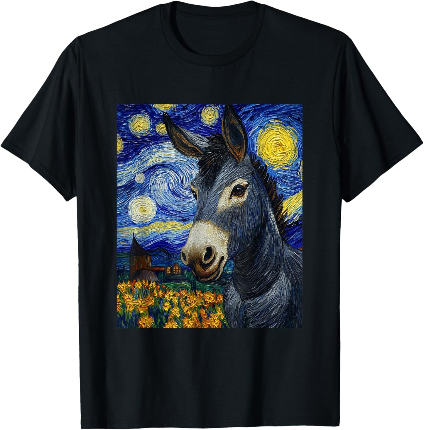 Funny Donkey - Van Gogh Style - Starry Night Graphic T-Shirt - T-Shirt | Black
