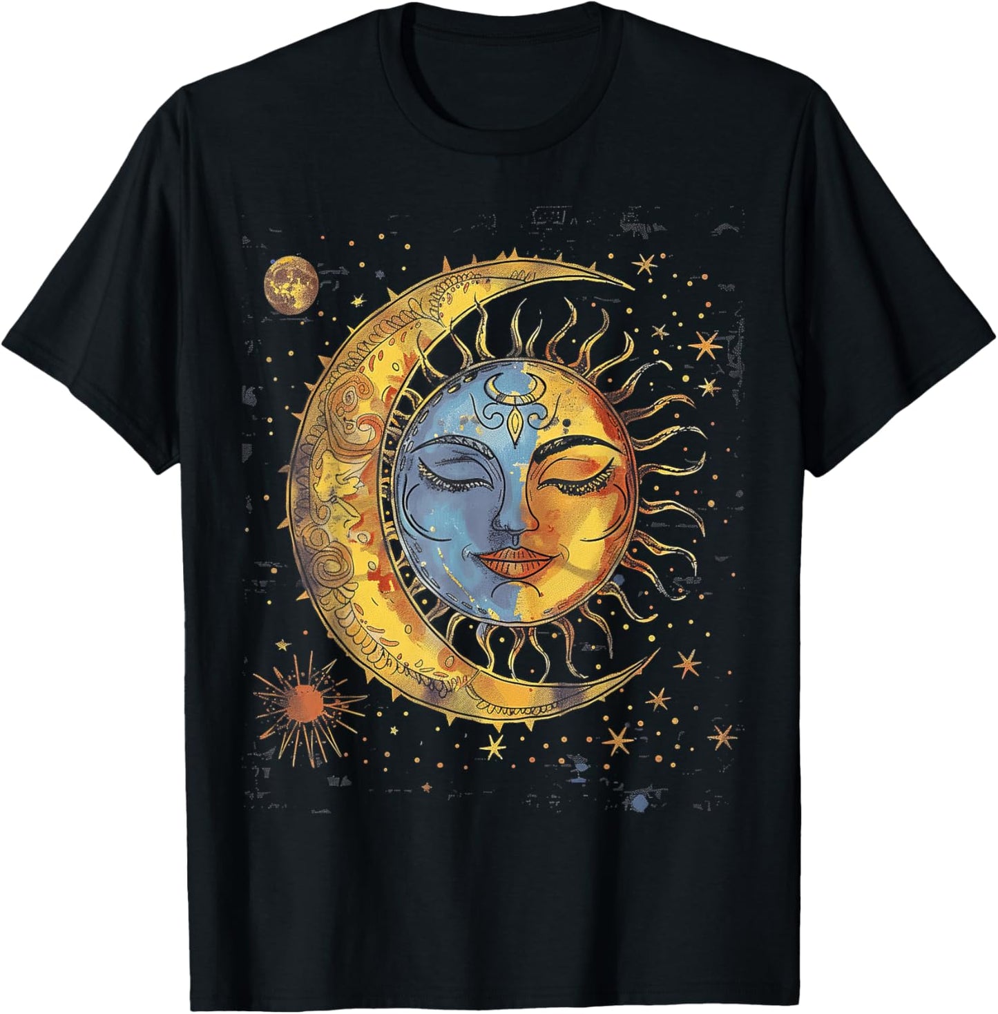 Mystical Sun and Moon with Woman Mystical Flowers Aesthetic T-Shirt - T-Shirt | Black