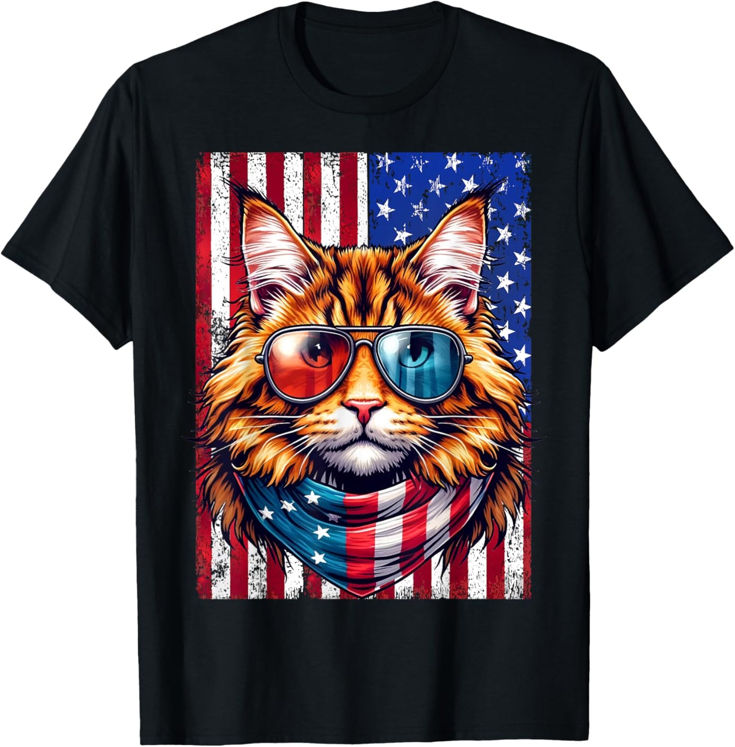 Maine Coon Wearing USA Flag Cat Lover Patriotic 4th of July T-Shirt - T-Shirt | Black