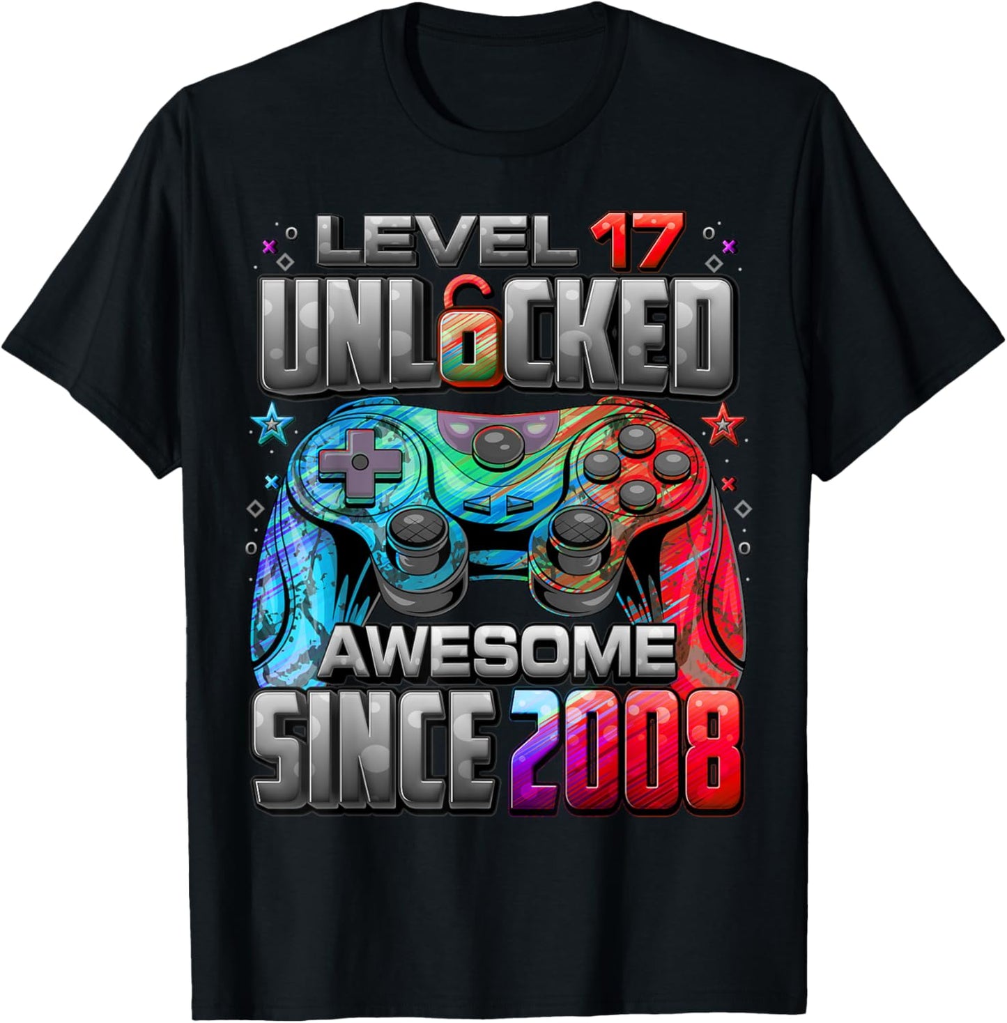 Level 17 Unlocked Awesome Since 2008 17th Birthday Gaming T-Shirt - T-Shirt | Black