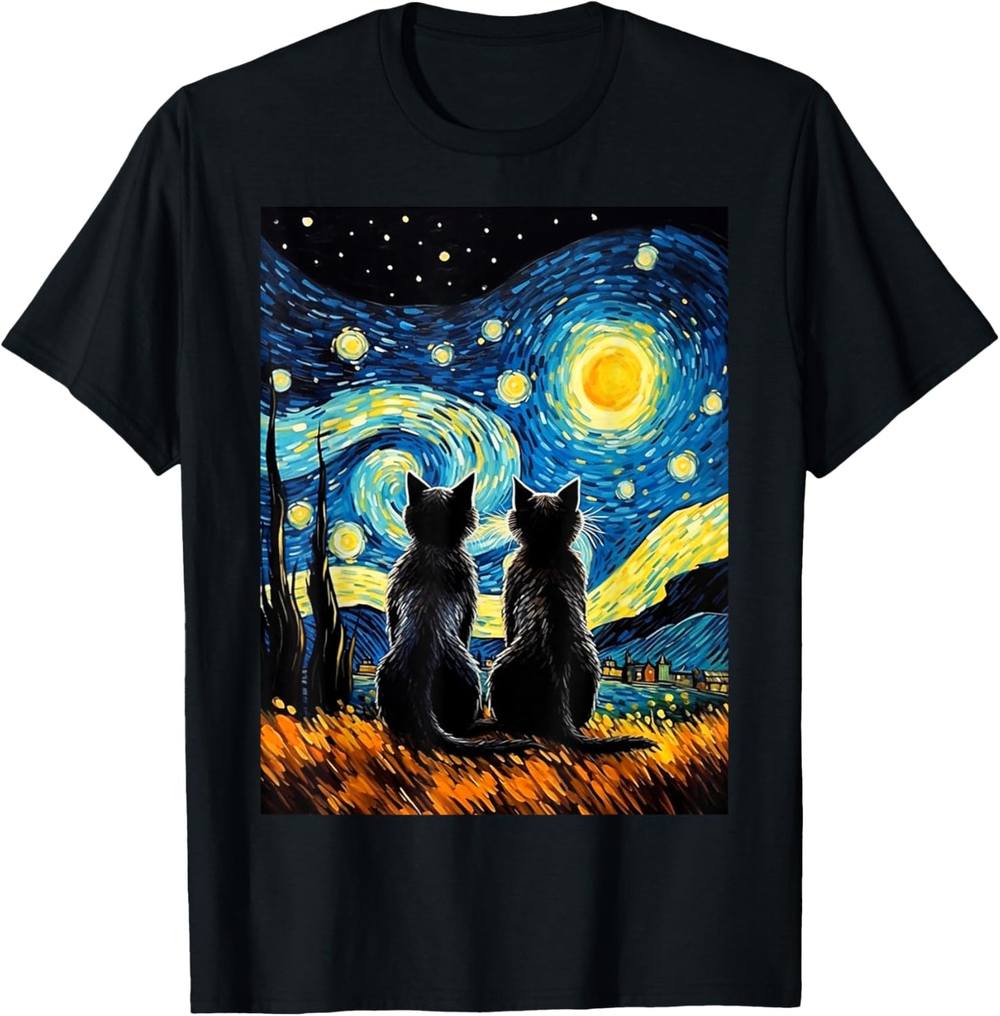 Black Cats Lover Starry Night Vincent van Gogh T-Shirt - T-Shirt | Black