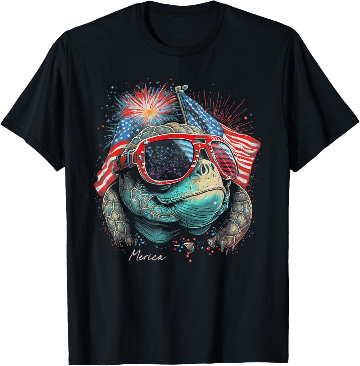 Sea Turtle 4th of July American Flag USA America Funny T-Shirt - T-Shirt | Black