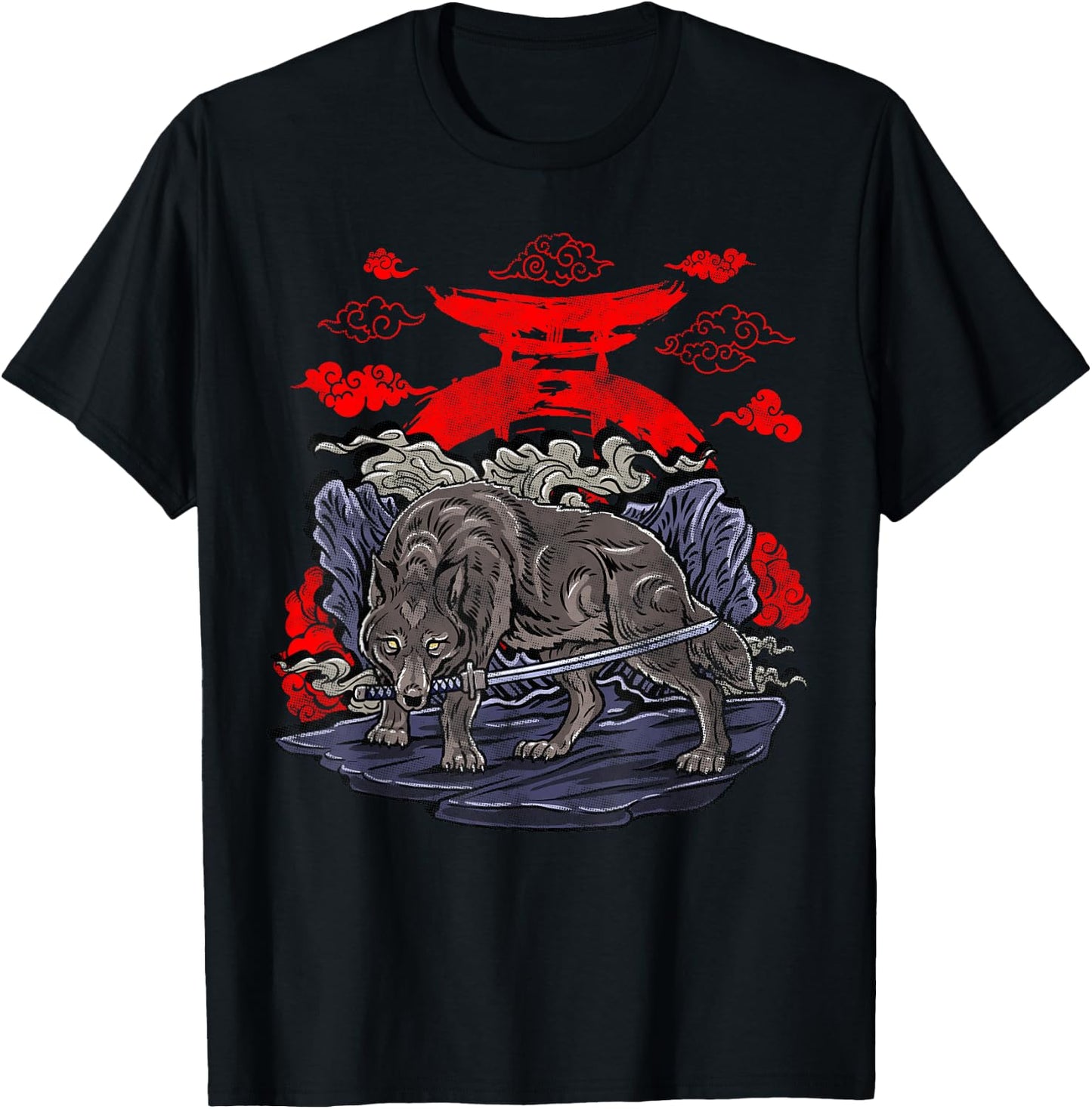 Wolf with Katana Japanese Wolf Art T-Shirt - T-Shirt | Black