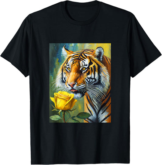 Tiger Sniffing a Yellow Rose Illustration Graphic Design T-Shirt - T-Shirt | Black