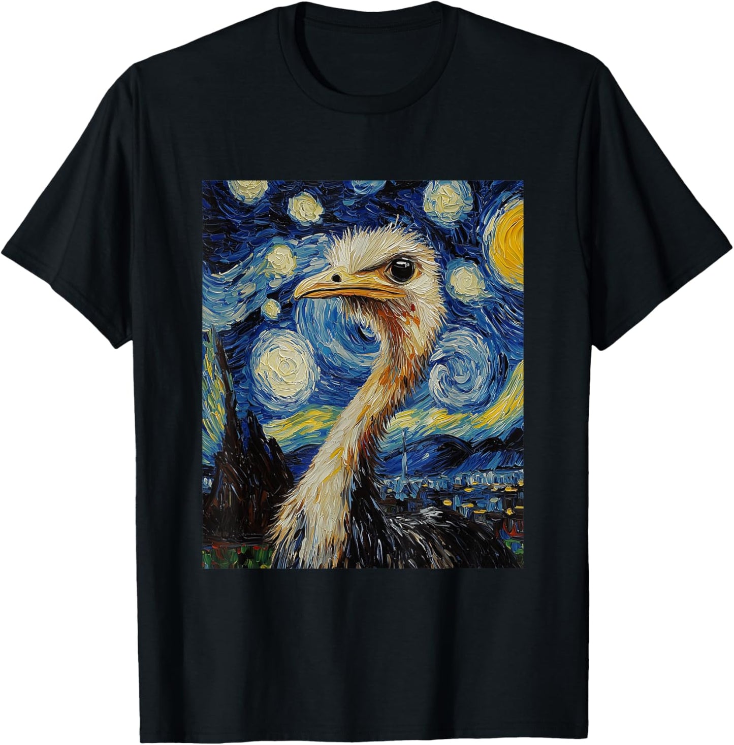 Funny Ostrich - Van Gogh Style - Starry Night Graphic T-Shirt - T-Shirt | Black