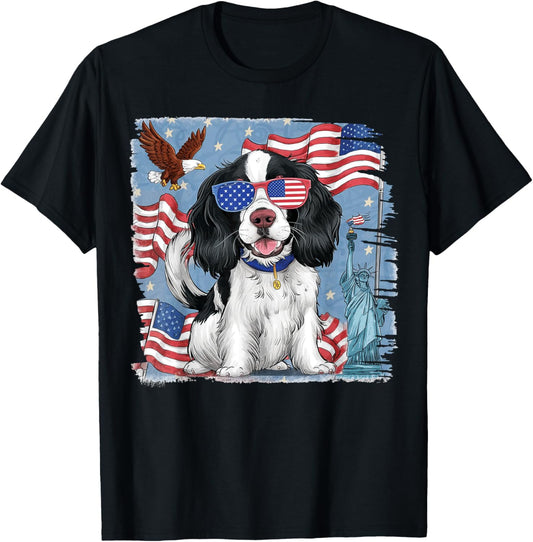 English Springer Spaniel Dog with American Flag 4th of July Women Kids Men T-Shirt - T-Shirt | Black