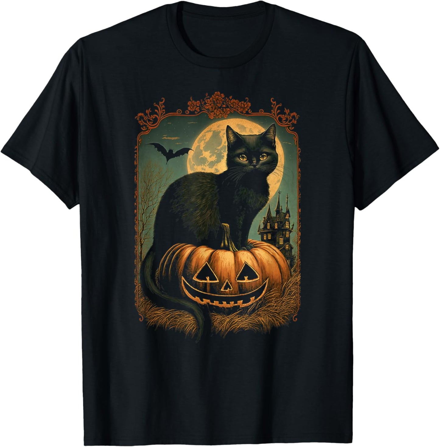 Black Cat Sitting On Jack-o-lantern On Halloween Night Women Kids T-Shirt - T-Shirt | Black