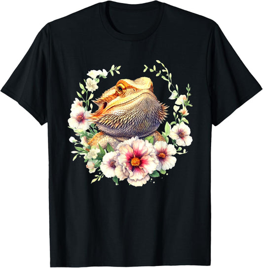 Bearded Dragon Flowers Pet Lizard Reptile Lovers Design T-Shirt - T-Shirt | Black