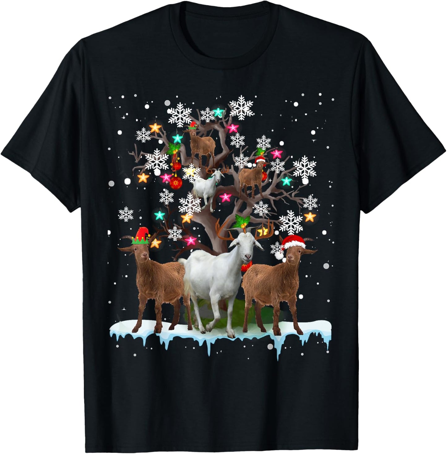 Christmas Goat On Tree Funny Santa Goat Lover Farmer T-Shirt - T-Shirt | Black