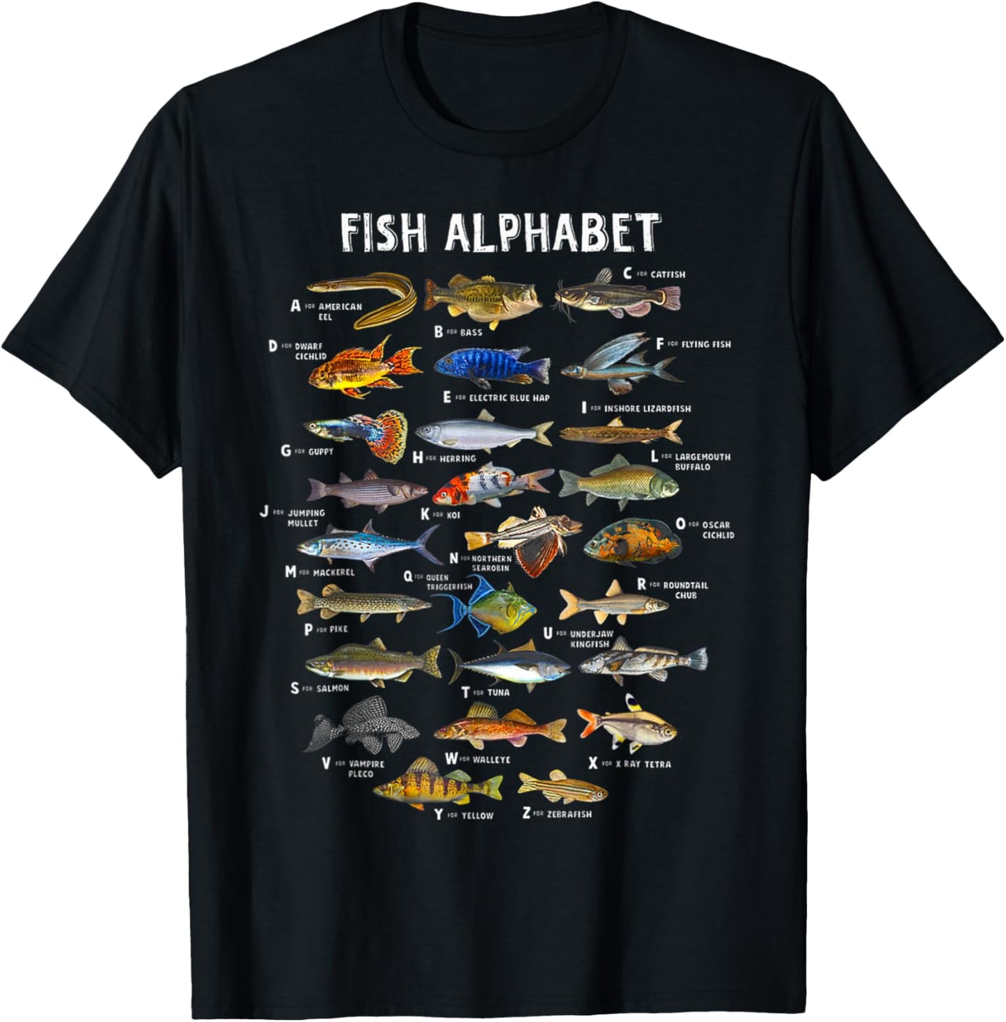 Fish Alphabet Educational Freshwater Species Fishing T-Shirt - T-Shirt | Black