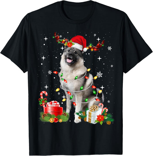 Funny Norwegian Elkhound Santa Hat Christmas Lights Pajama T-Shirt - T-Shirt | Black