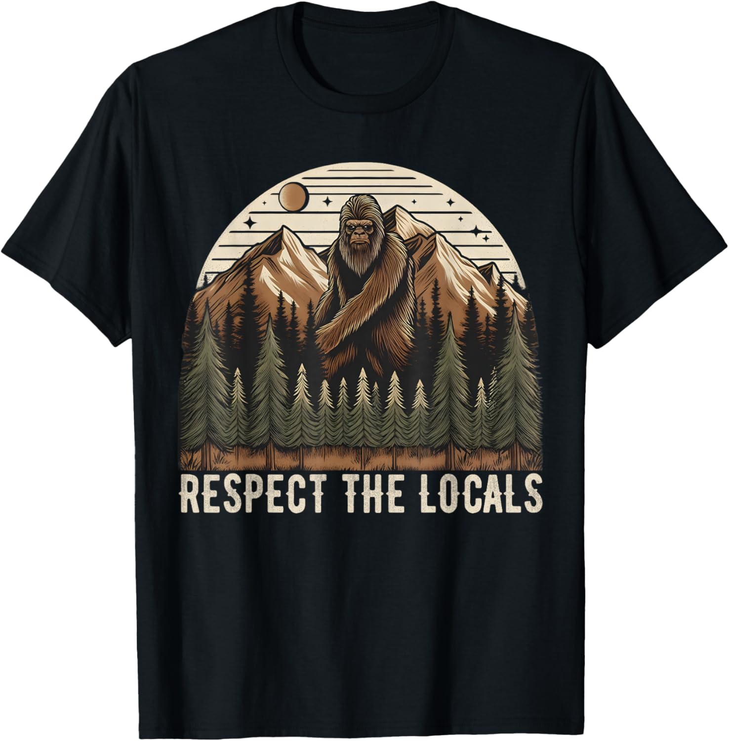 Vintage Respect the Locals Hiking Camping Climbing Bigfoot T-Shirt - T-Shirt | Black