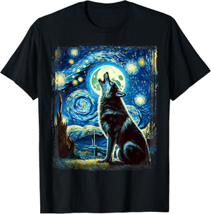 Wolf Star Gazer - Artistic Van Gogh Style Starry Night Wolf T-Shirt - T-Shirt | Black