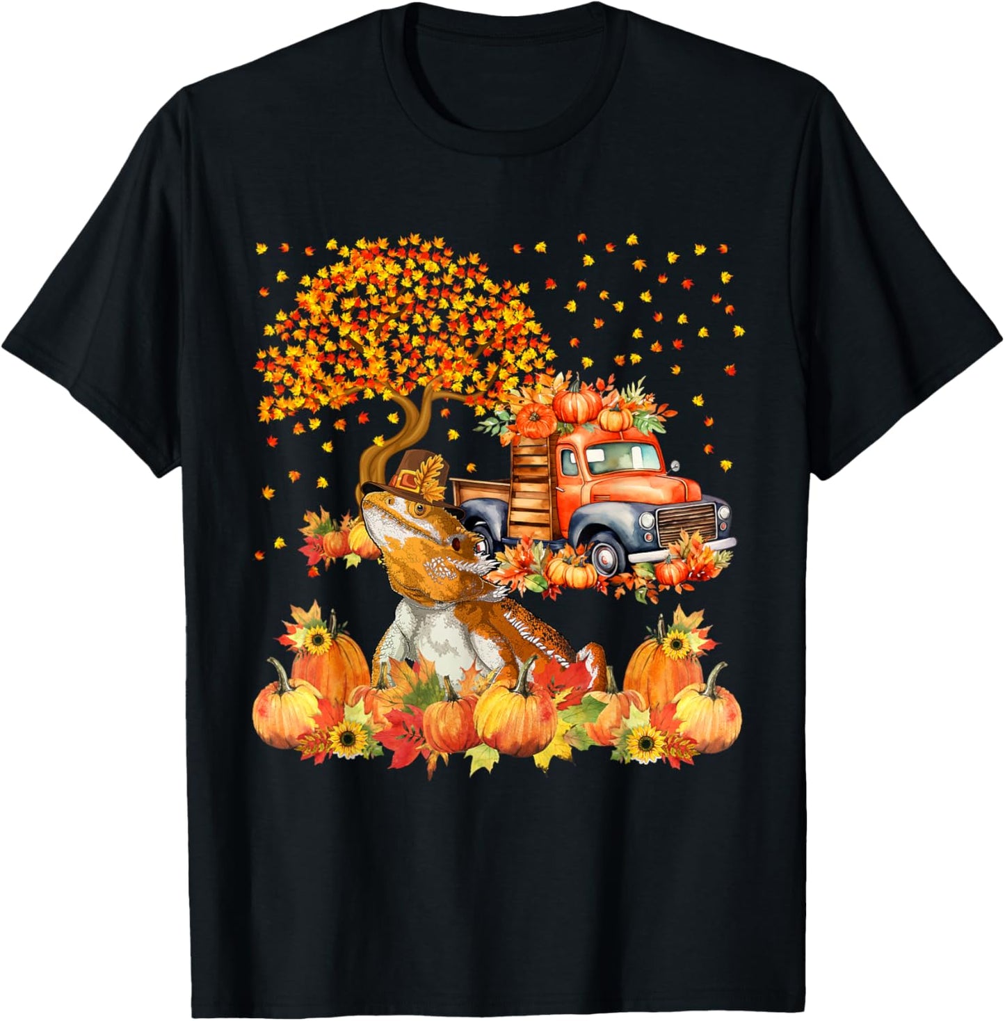 Thanksgiving Bearded Dragon with Fall Pumpkins Sunflowers T-Shirt - T-Shirt | Black