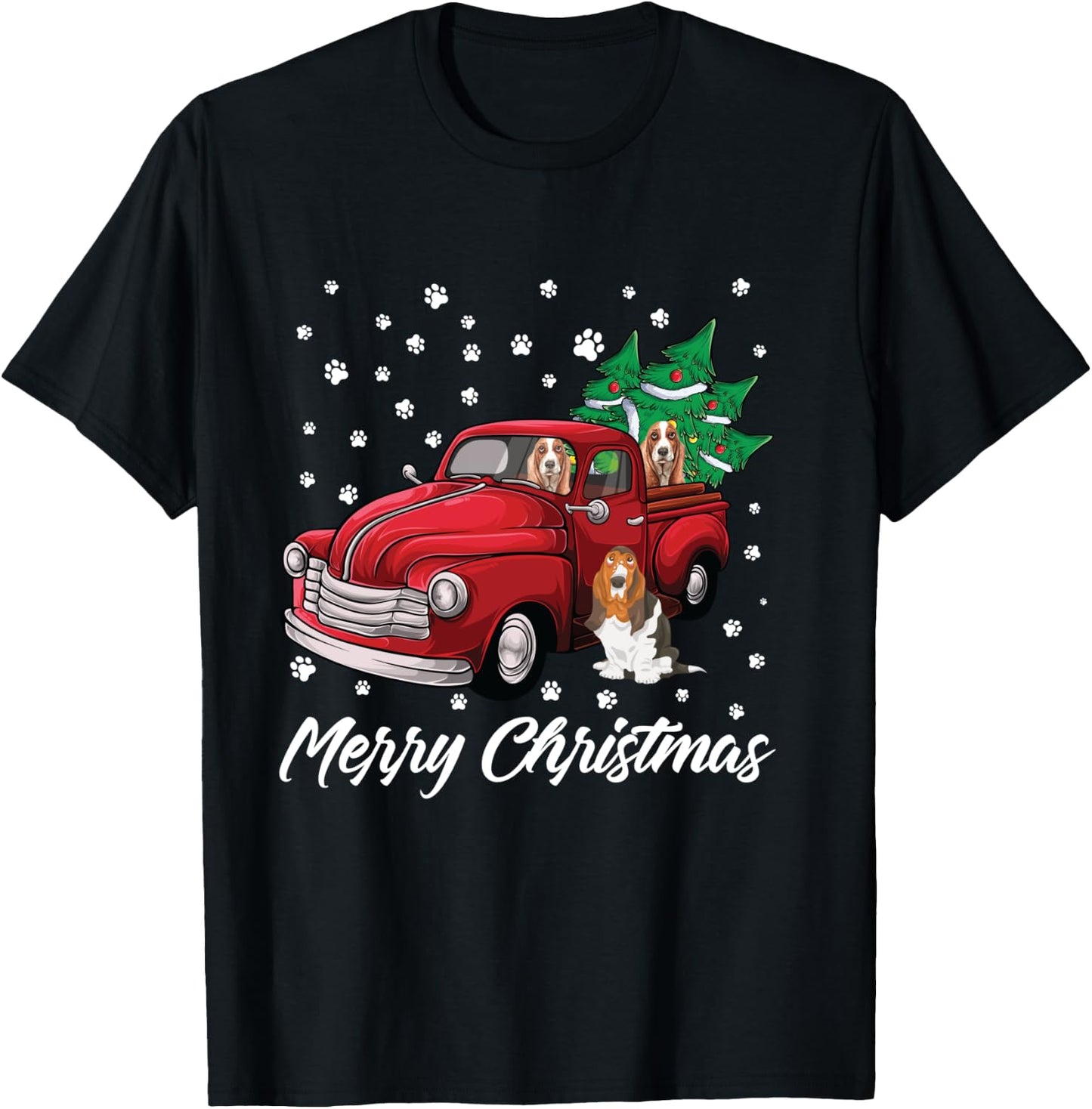 Red Truck Merry Christmas Tree Basset Hound Christmas T-Shirt - T-Shirt | Black