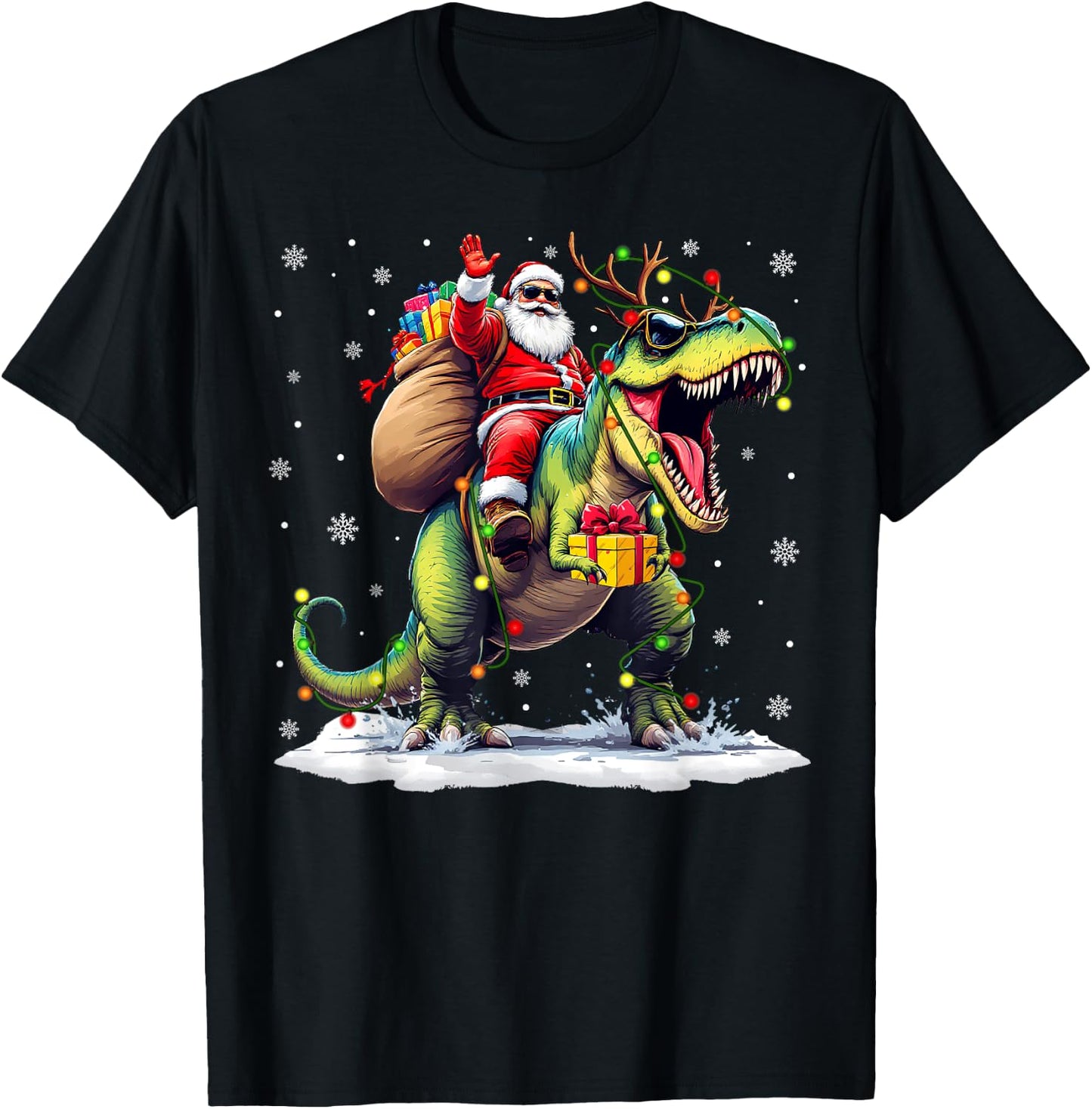 Santa Riding Dinosaur T rex Christmas Boys Men Xmas Squad T-Shirt - T-Shirt | Black
