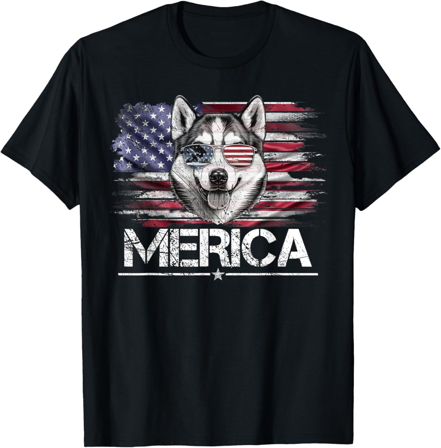 Vintage Husky Dog, Merica Husky Dog USA Flag Funny Kids Men T-Shirt - T-Shirt | Black