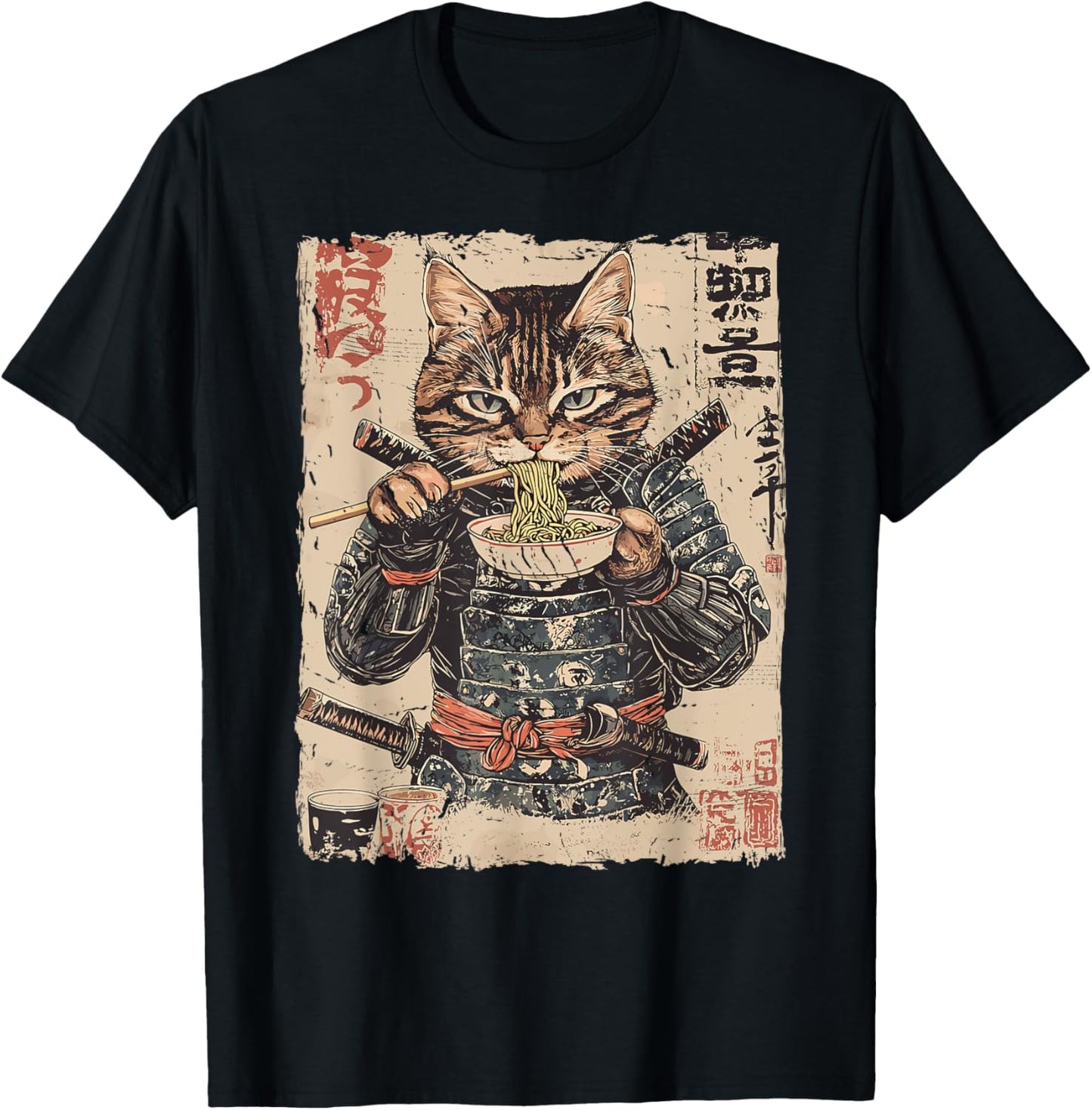 Samurai Cat Loves Ramen Funny Anime Japanese Artwork Samurai T-Shirt - T-Shirt | Black