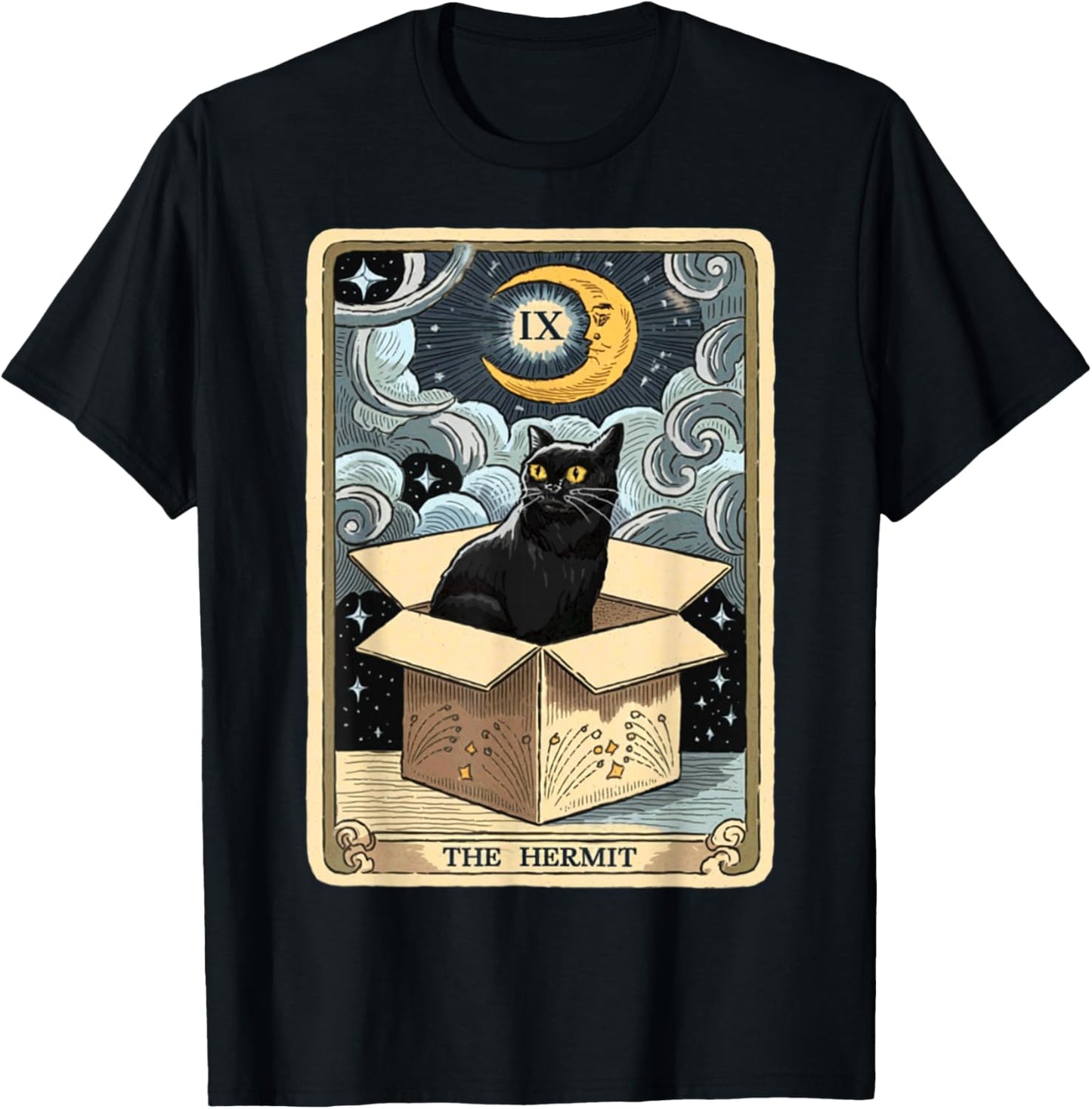 The Hermit Tarot Card Cat In Box Mystic Funny Cat Esoteric T-Shirt - T-Shirt | Black