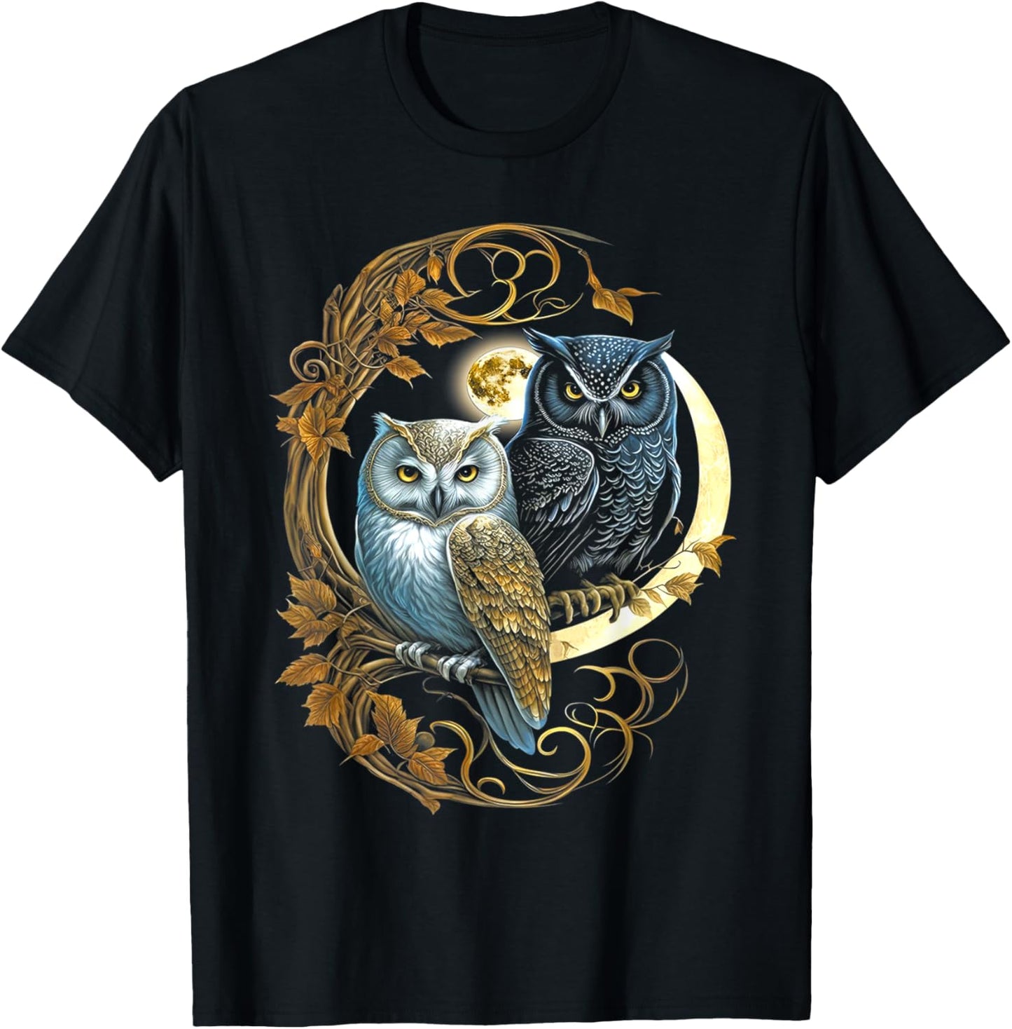 Owls Moon Tree Viking Valhalla North Myths T-Shirt - T-Shirt | Black