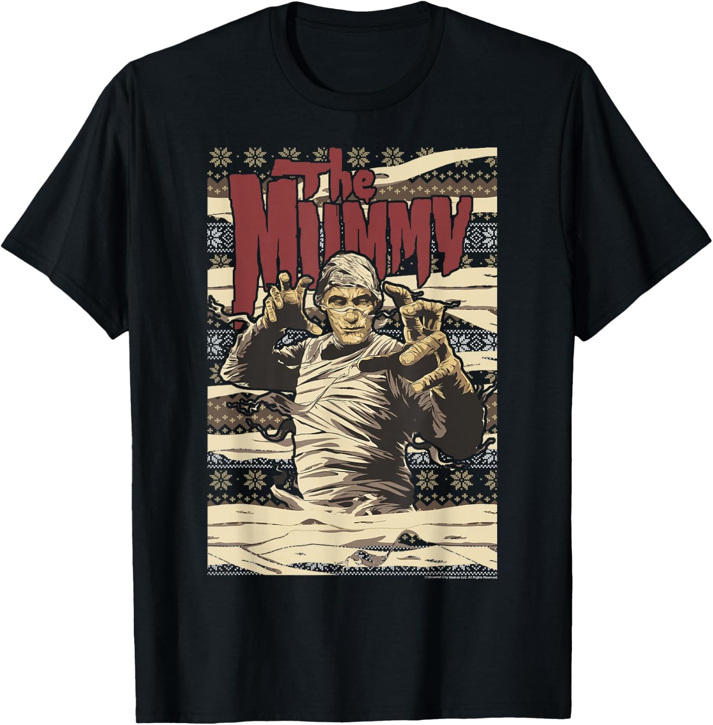 Universal Monsters Christmas The Mummy Ugly Sweater T-Shirt - T-Shirt | Black