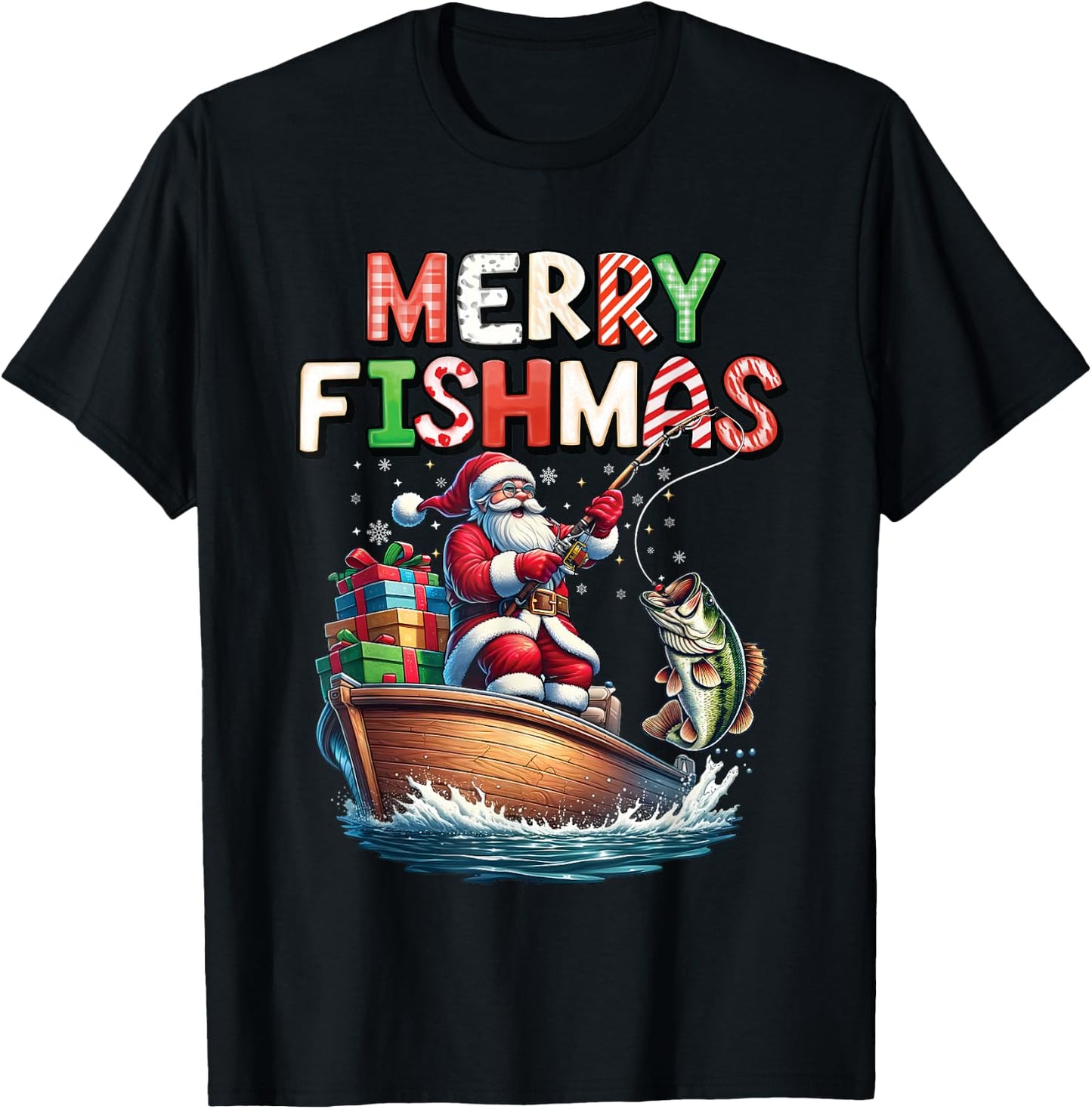 Merry Fishmas Santa Fishing Lovers Funny Fisherman Christmas T-Shirt - T-Shirt | Black