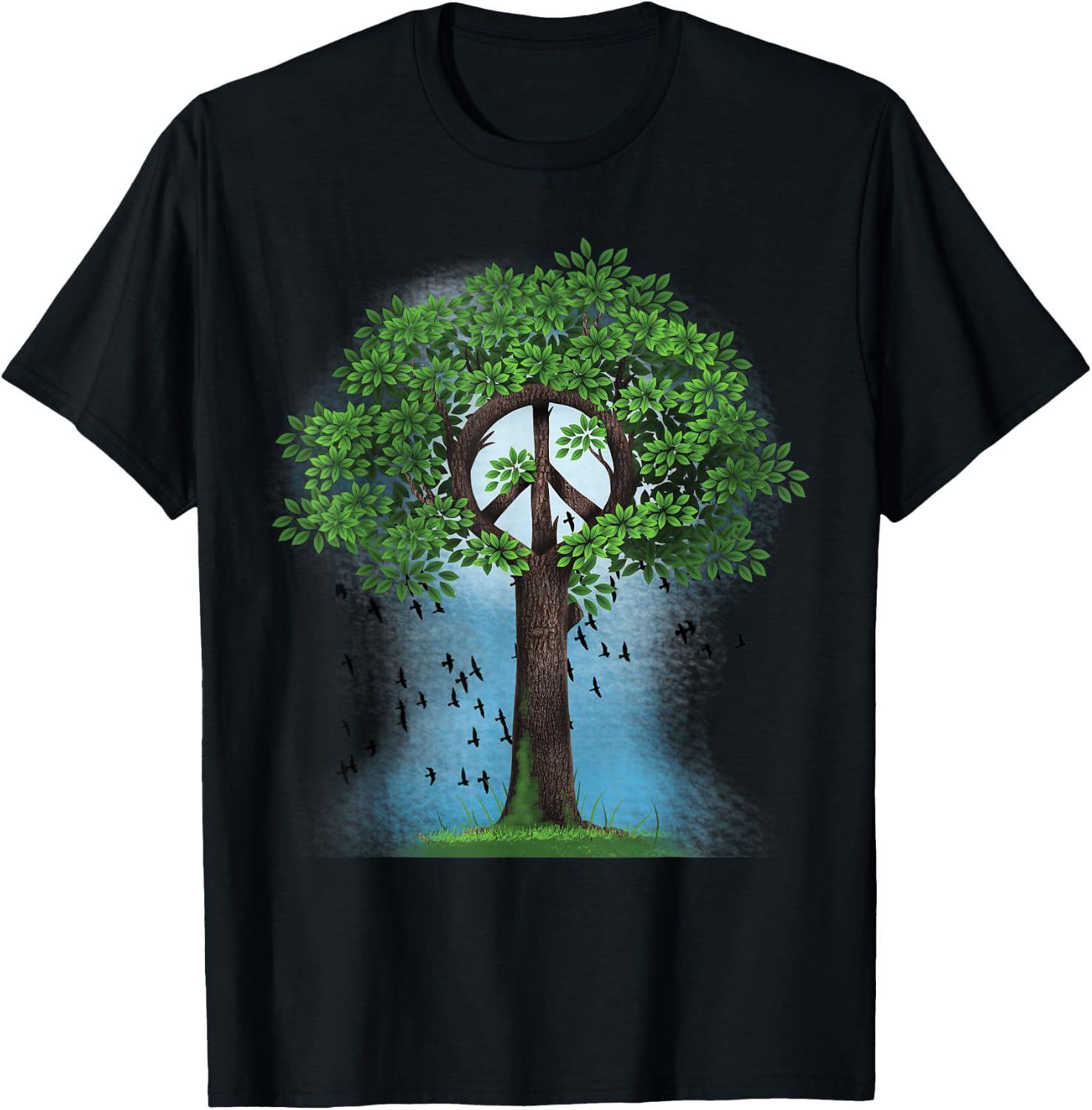 Peace Sign Hippie Retro Tree Nature Peace Symbol Unity Birds T-Shirt - T-Shirt | Black