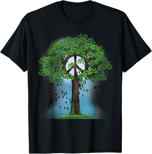 Peace Sign Hippie Retro Tree Nature Peace Symbol Unity Birds T-Shirt - T-Shirt | Black