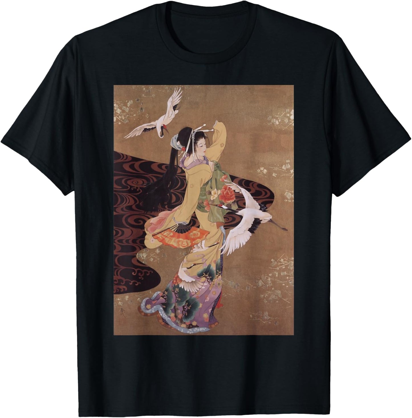 Dance of Cranes Japanese Retro Art Small T-Shirt - T-Shirt | Black