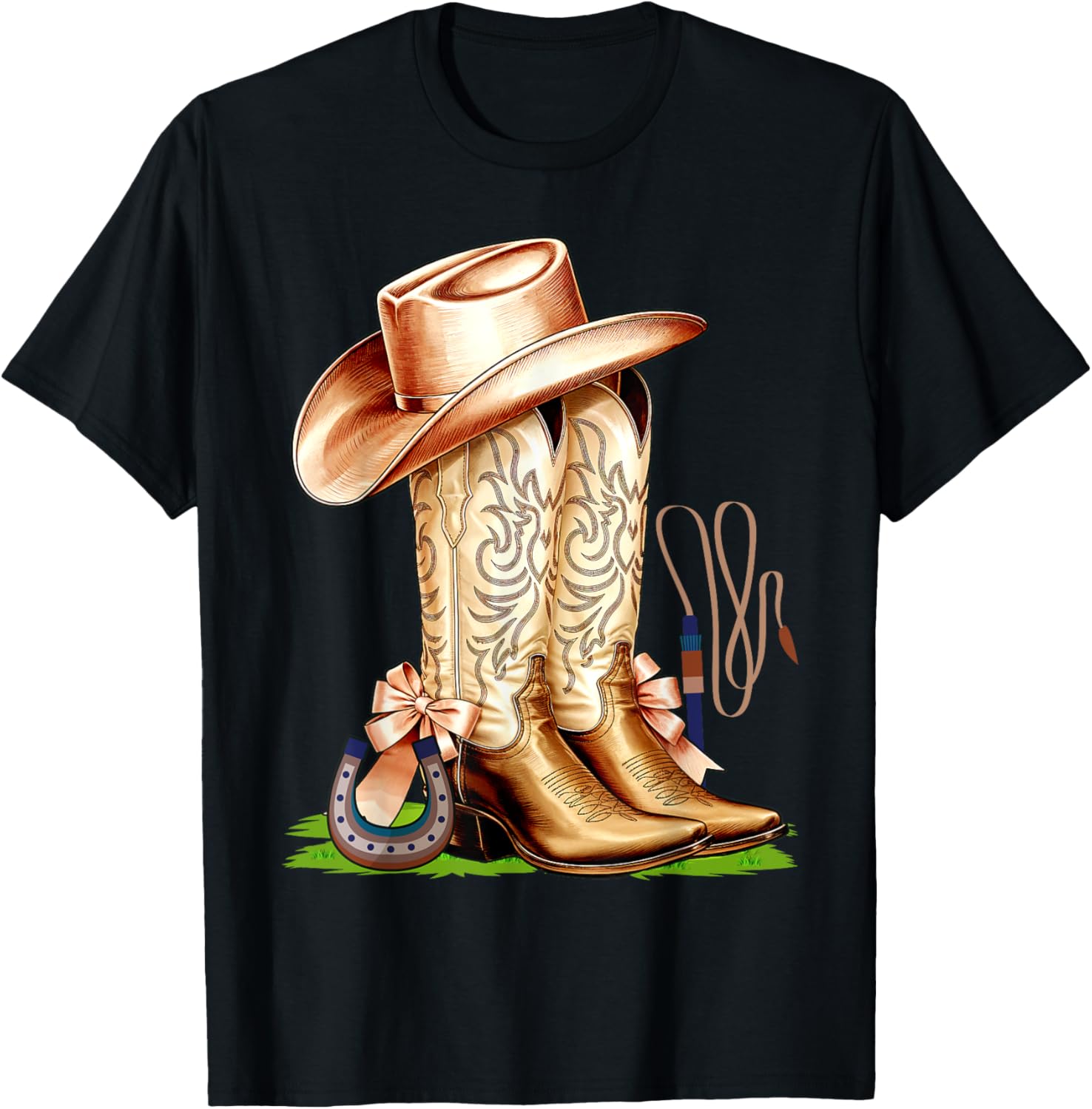 Coquette Pink Bow Cowboy Boots Cute Teen Girls, Women T-Shirt - T-Shirt | Black