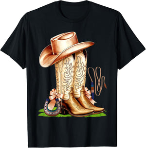 Coquette Pink Bow Cowboy Boots Cute Teen Girls, Women T-Shirt - T-Shirt | Black