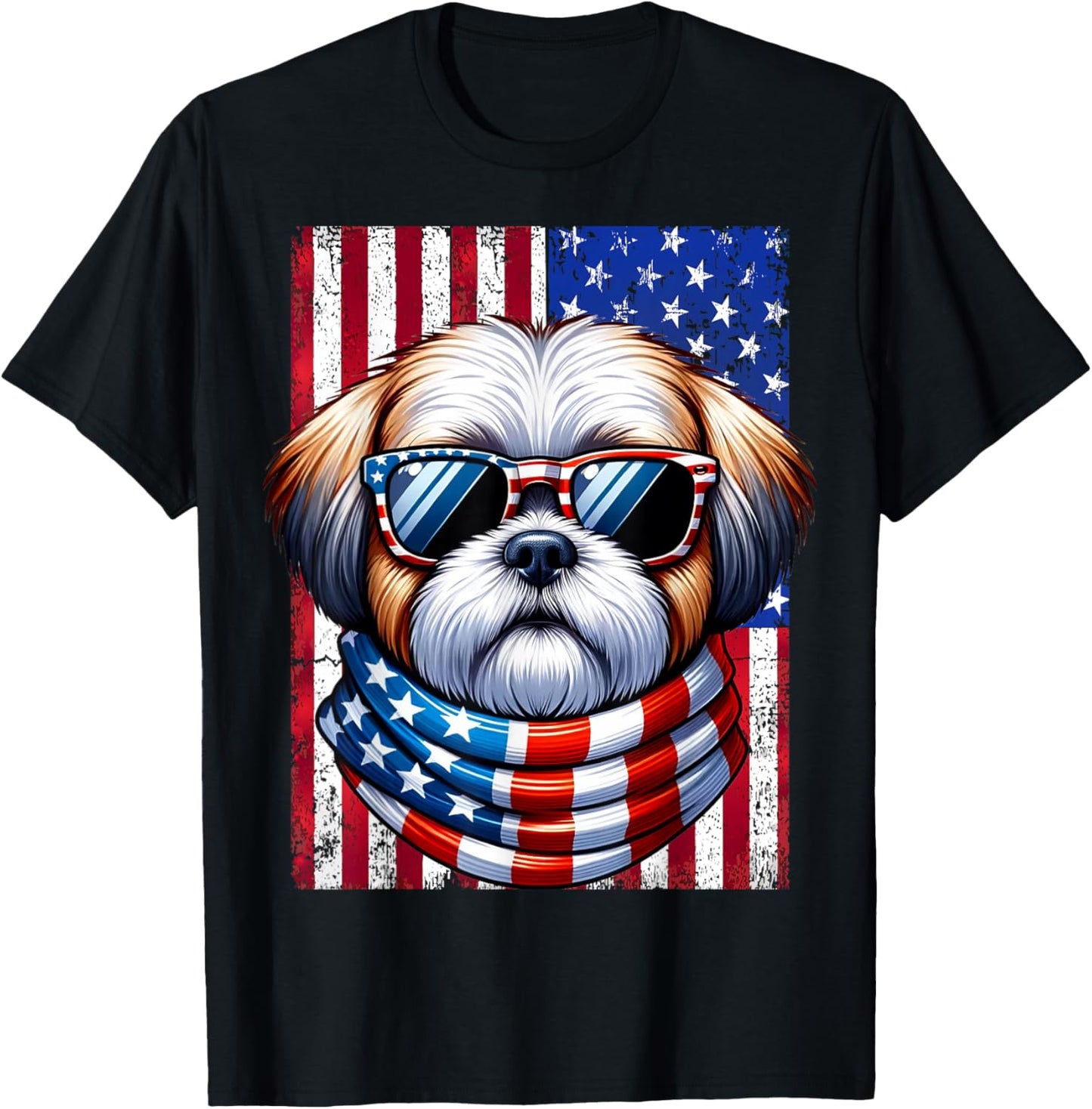 Shih Tzu Wearing American Flag 4th of July Patriotic Dog T-Shirt - T-Shirt | Black